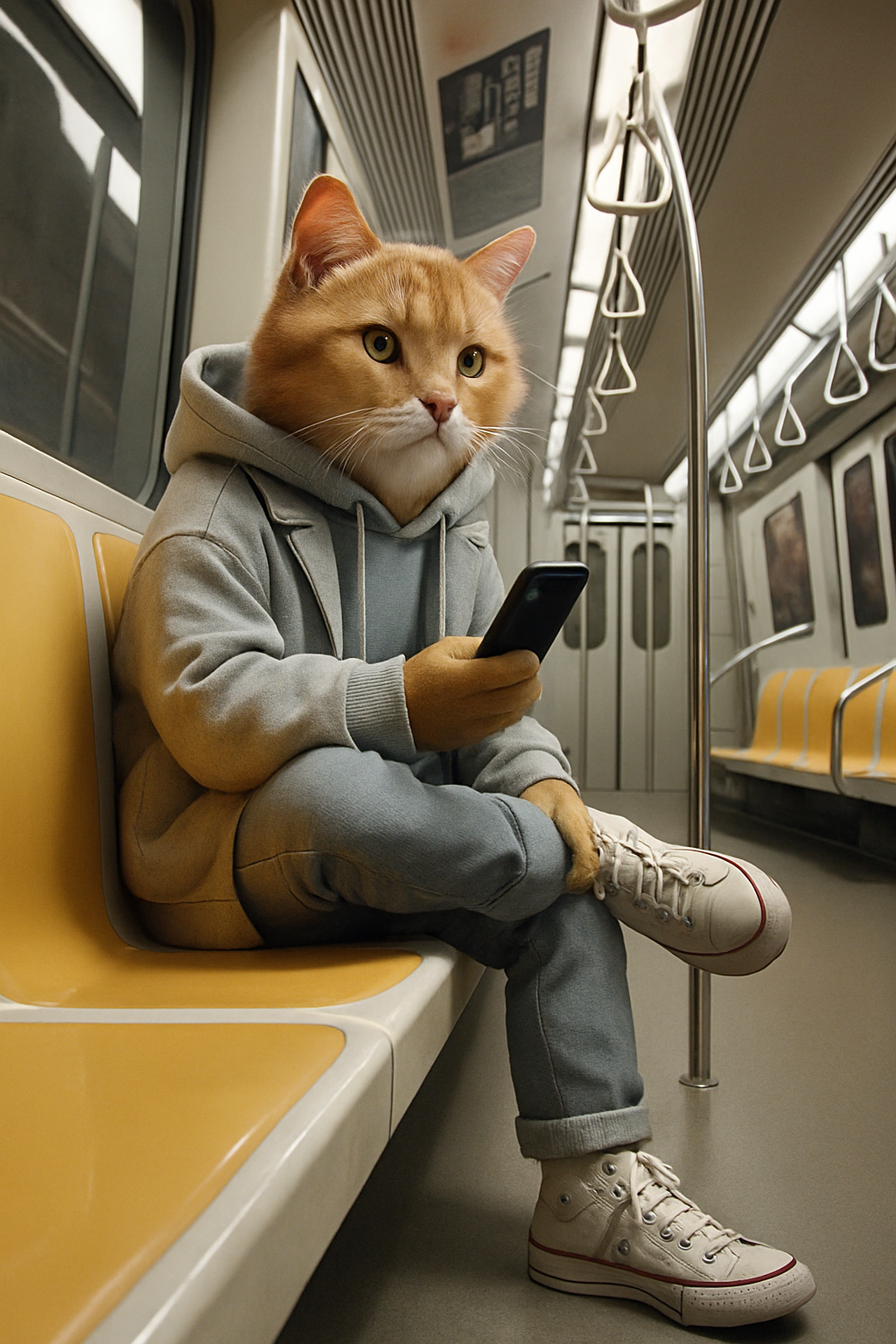 Subway Cat sitting on a train while holding a phone
